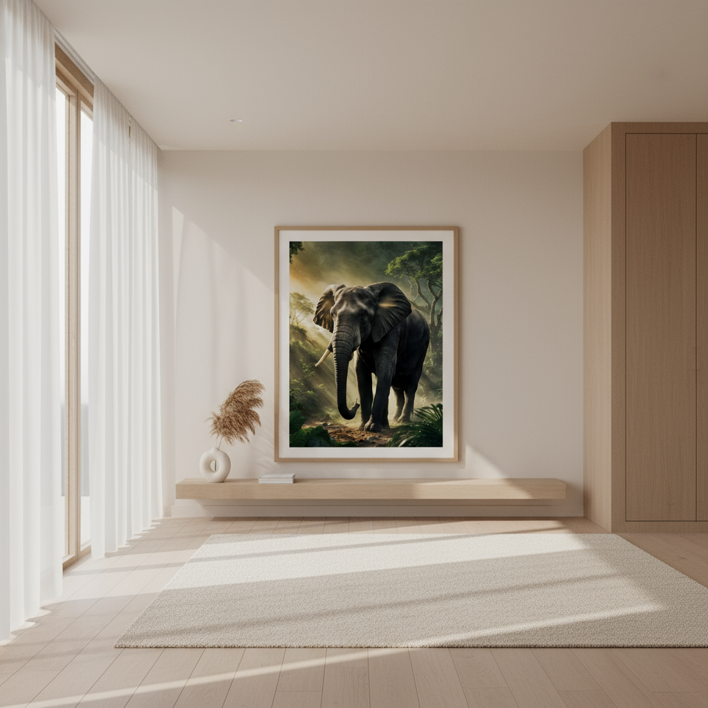 Elephant with sun breaking the clouds above Canvas