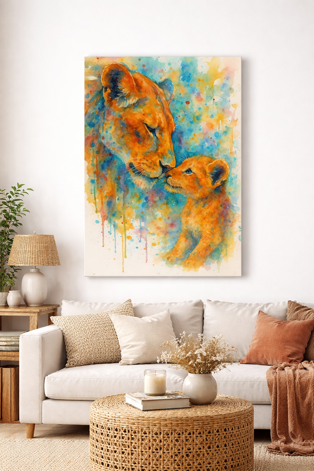 Lion and her cub - Water coloured Canvas